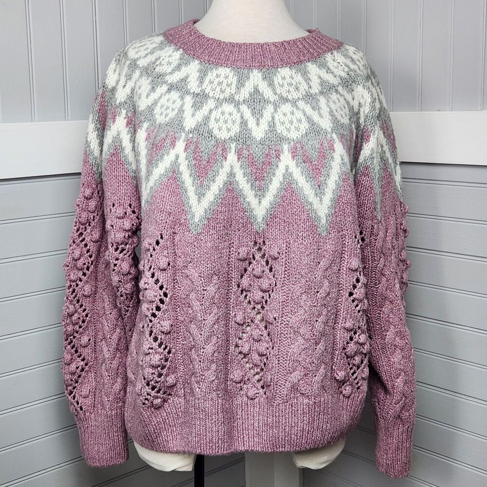 Lucky Brand Fair Isle Sweater Womens XL Cable Knit Pullover Pink/White Cozy